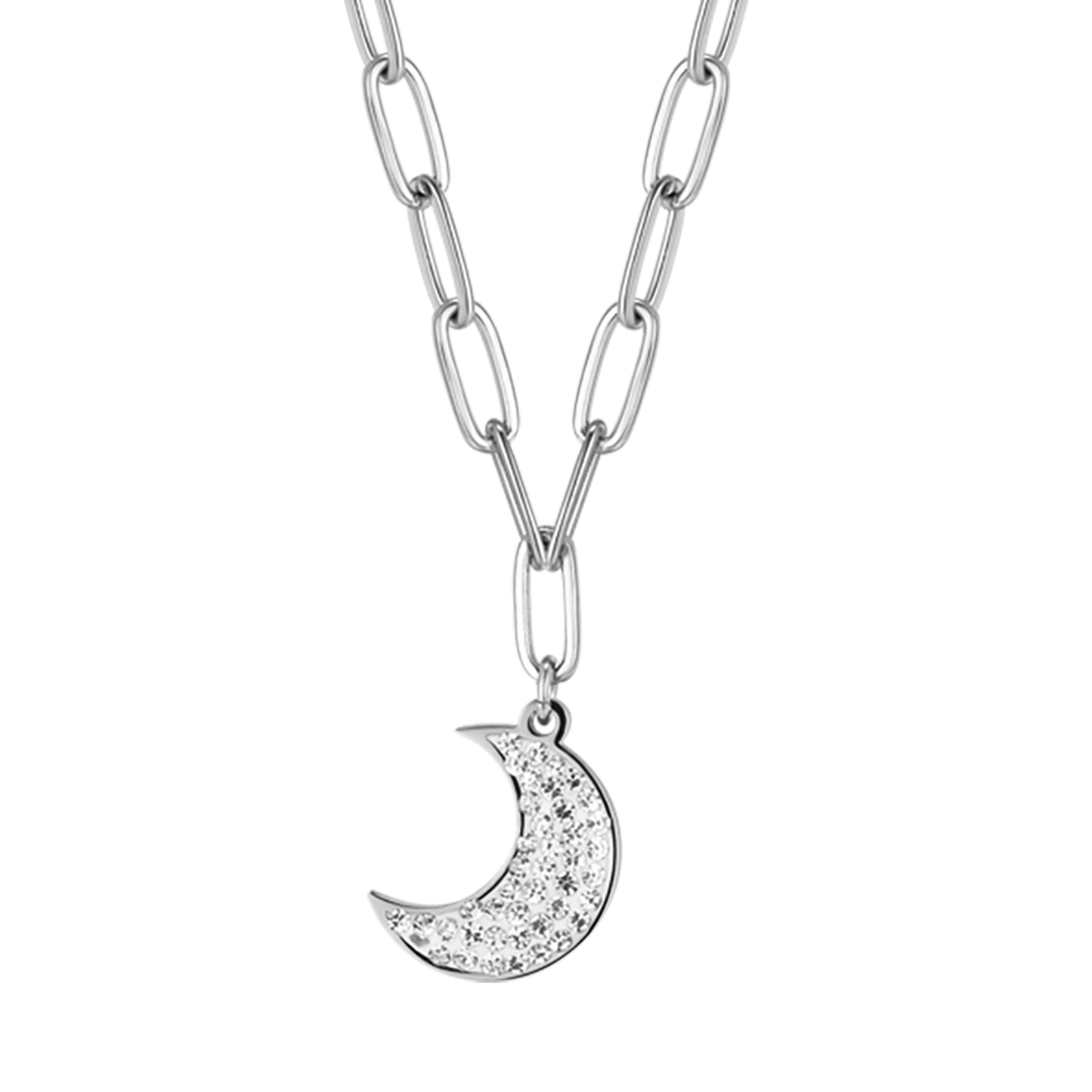 STEEL WOMEN'S NECKLACE WITH MOON AND WHITE CRYSTALS