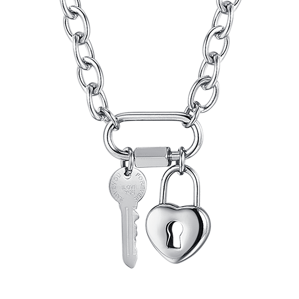 STEEL WOMEN'S NECKLACE WITH KEY AND HEART PADLOCK