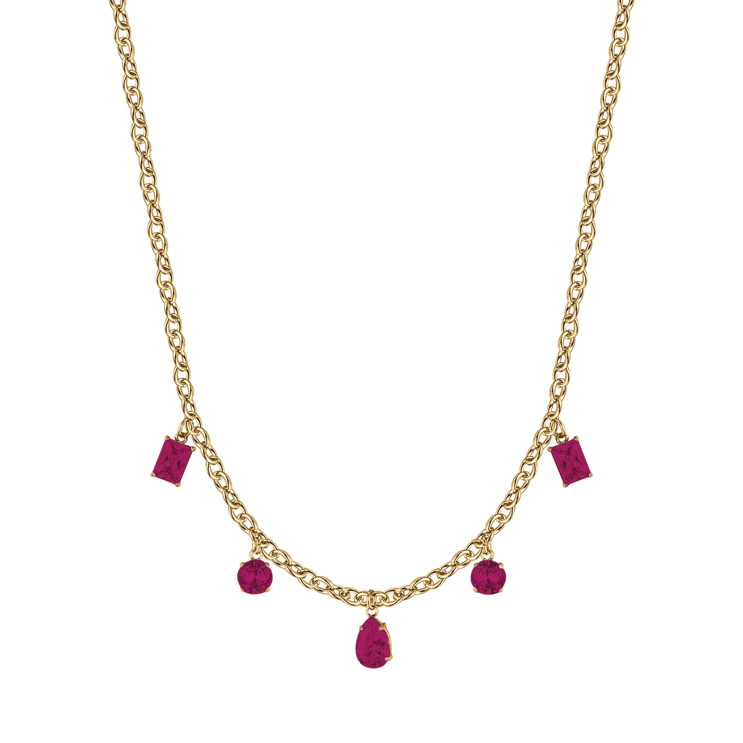 WOMEN'S IP GOLD STEEL NECKLACE WITH FUCHSIA CRYSTALS PENDANTS