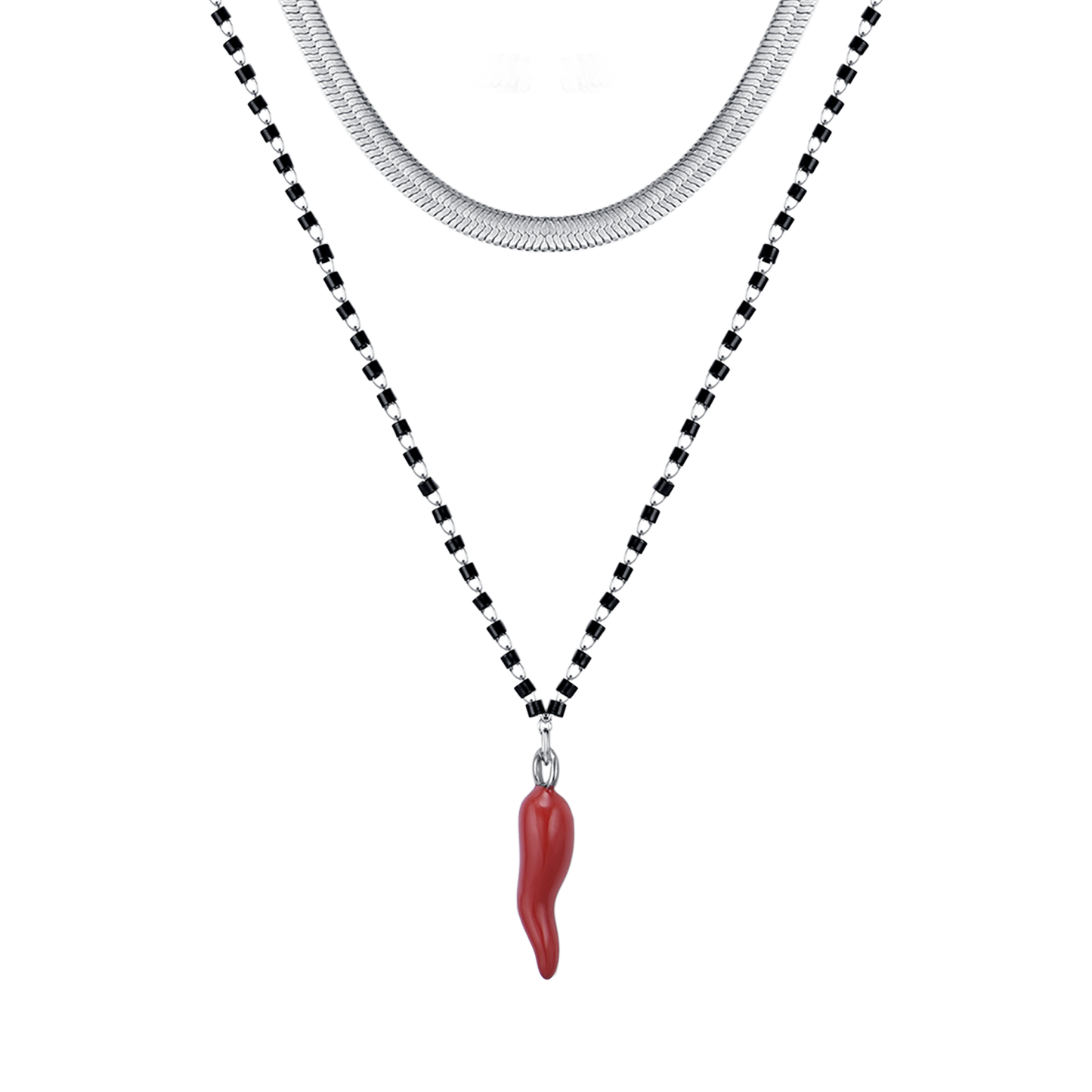 STEEL WOMEN'S HORN NECKLACE WITH RED ENAMEL AND BLACK ELEMENTS