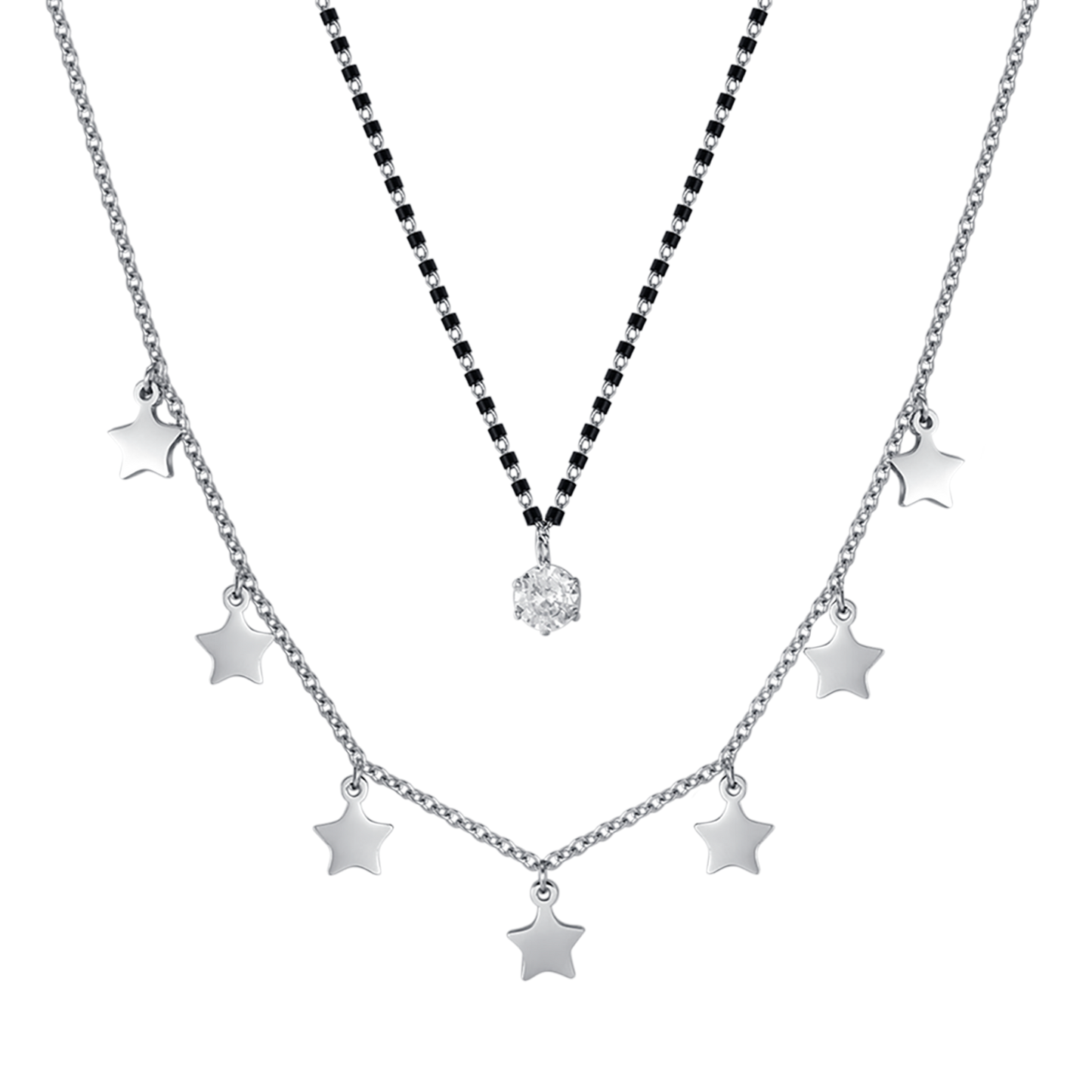 STEEL WOMEN'S NECKLACE WITH STARS, BLACK IP ELEMENTS AND WHITE CRYSTAL