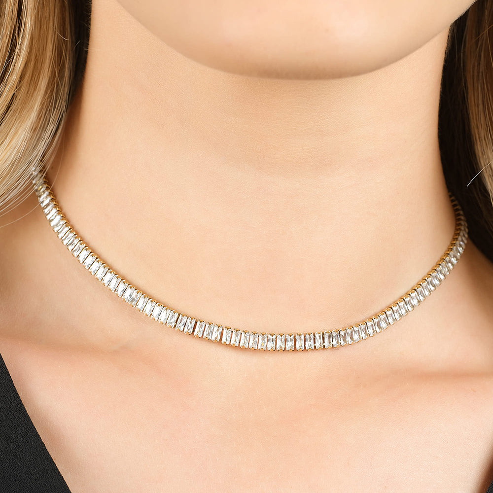 WOMEN'S STEEL TENNIS NECKLACE WITH WHITE BAGUETTE CRYSTALS