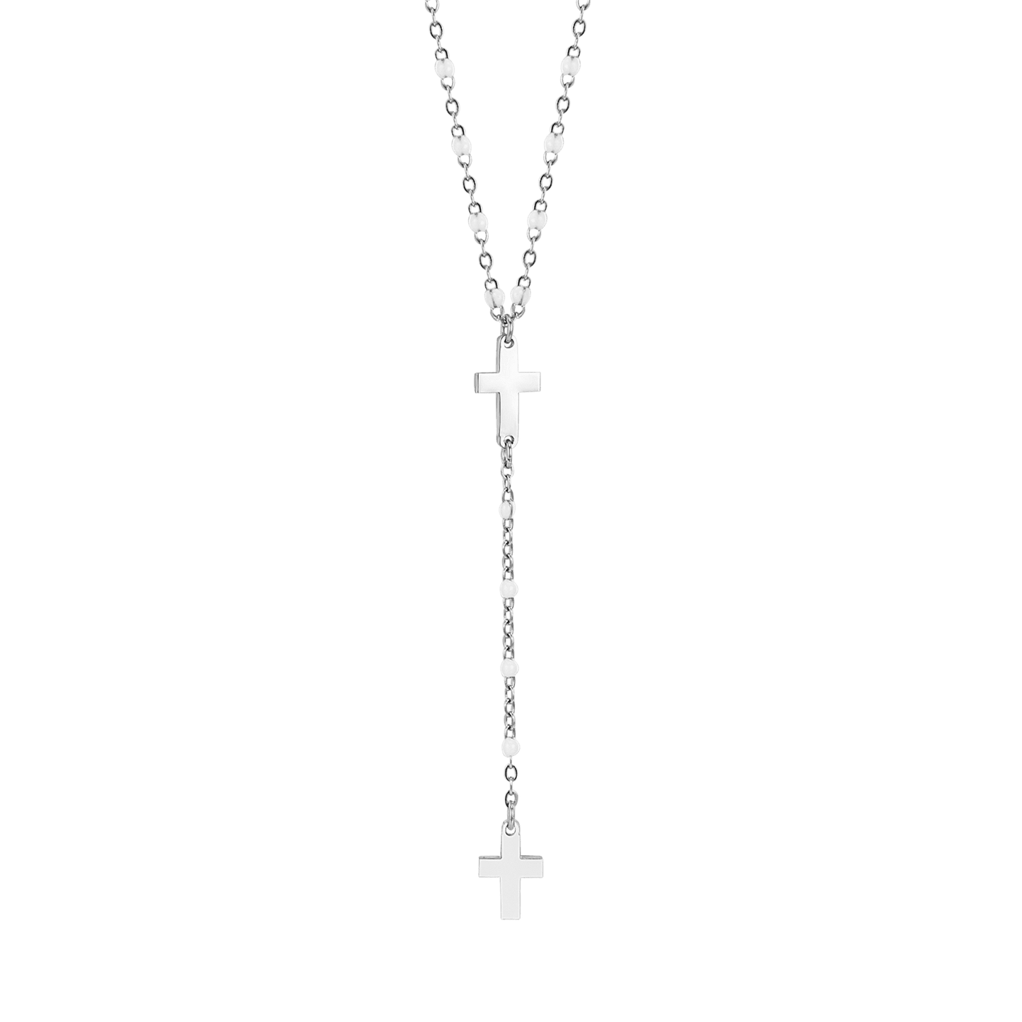 STEEL WOMEN'S ROSARY NECKLACE WITH CROSSES AND WHITE ELEMENTS