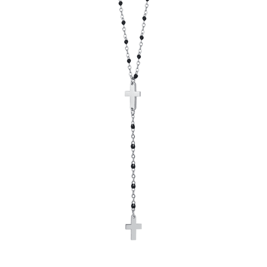 WOMAN'S ROSARY NECKLACE IN STEEL WITH CROSSES AND BLACK ELEMENTS Luca Barra