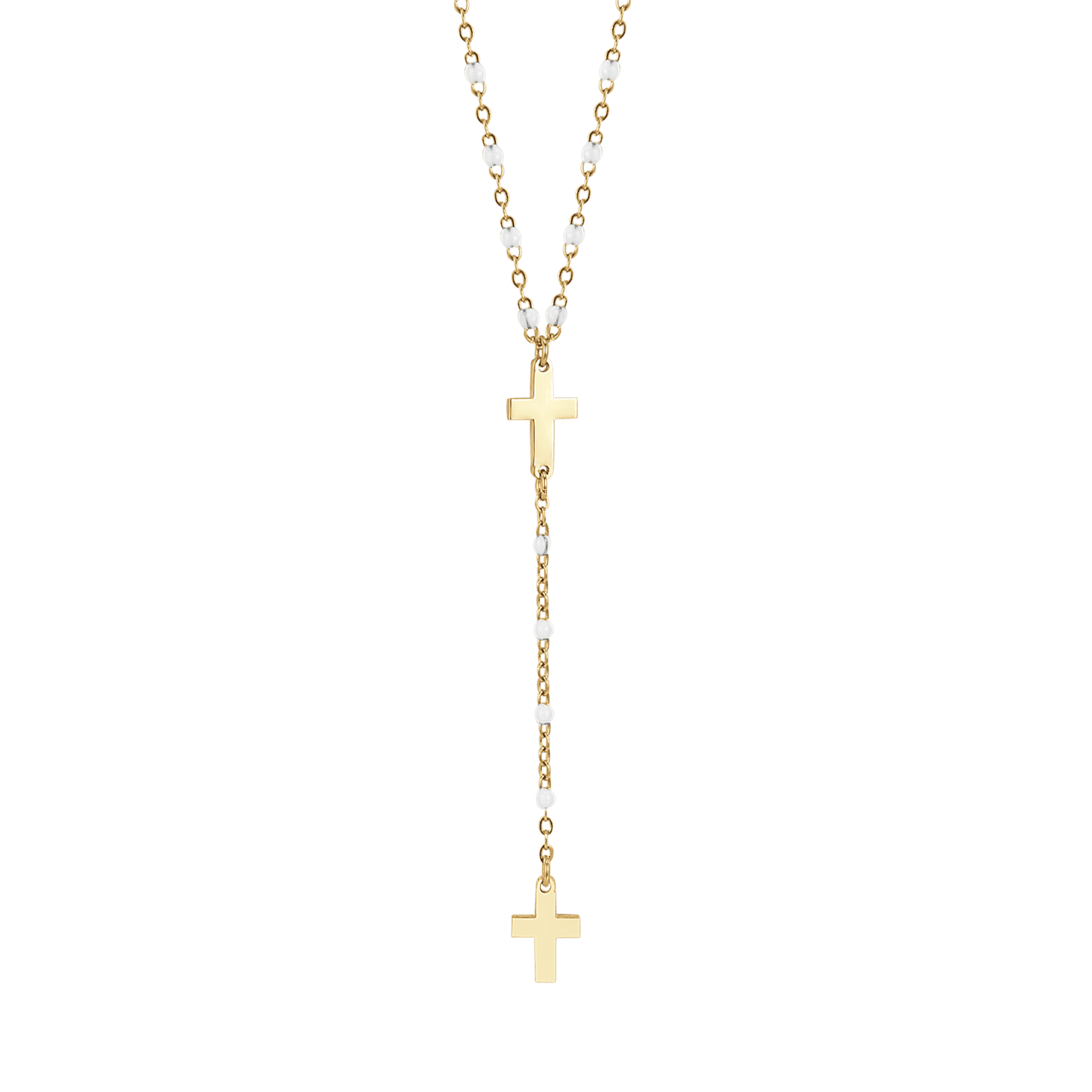 IP GOLD STEEL WOMEN'S ROSARY NECKLACE WITH CROSSES AND WHITE ELEMENTS