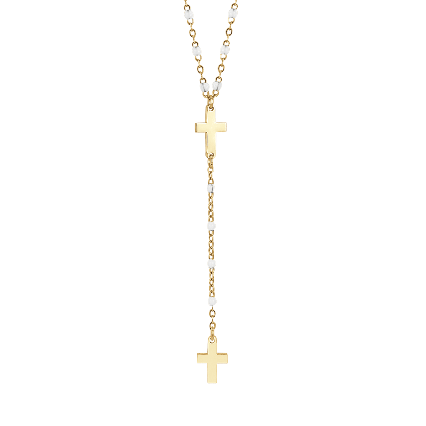 IP GOLD STEEL WOMEN'S ROSARY NECKLACE WITH CROSSES AND WHITE ELEMENTS