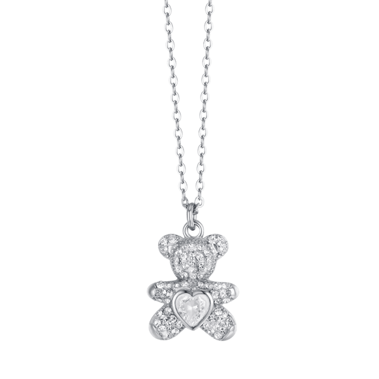 WOMEN'S STEEL NECKLACE WITH TEDDY BEAR AND WHITE CRYSTALS