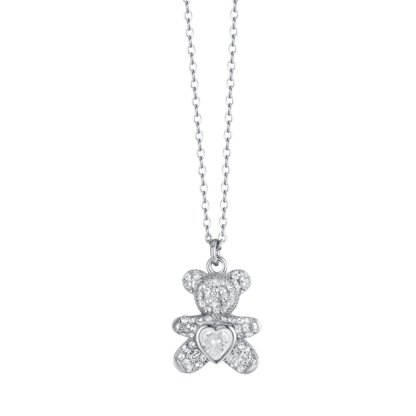 WOMEN'S STEEL NECKLACE WITH TEDDY BEAR AND WHITE CRYSTALS