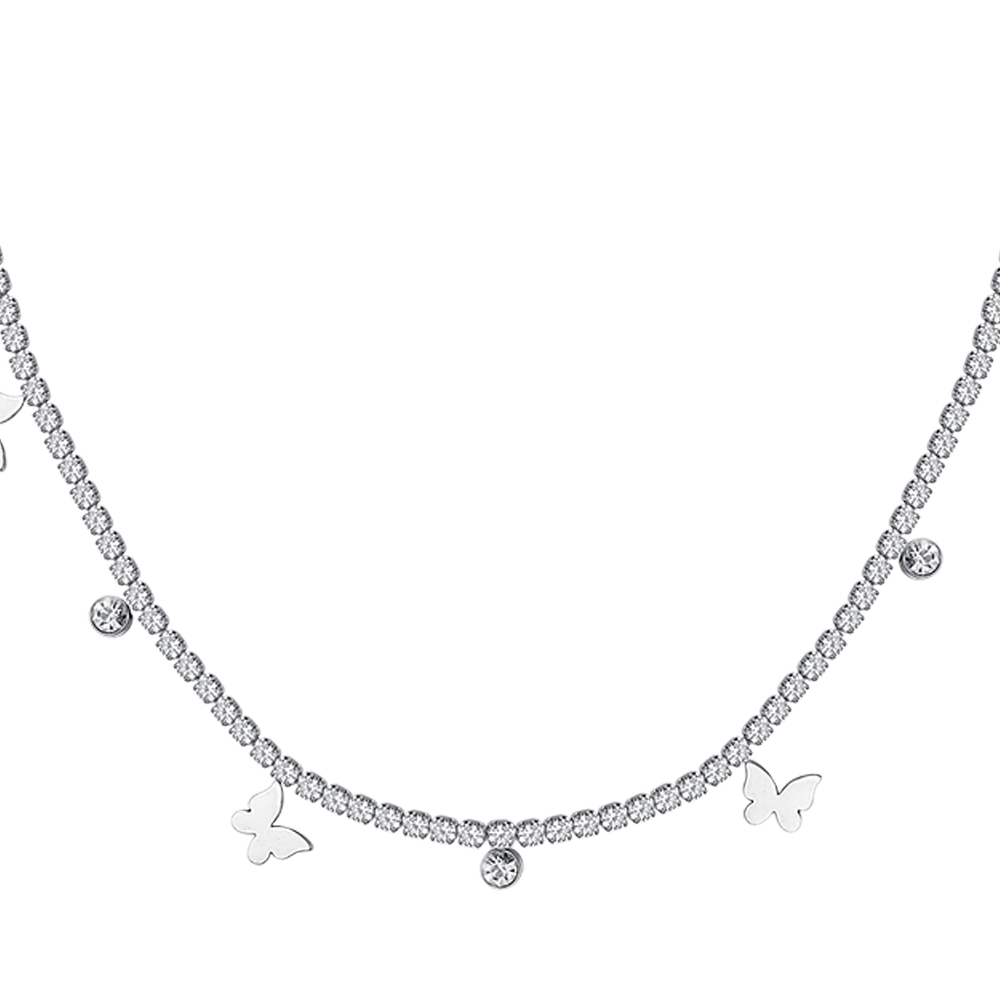 WOMEN'S STEEL TENNIS NECKLACE WITH WHITE CRYSTALS AND BUTTERFLIES