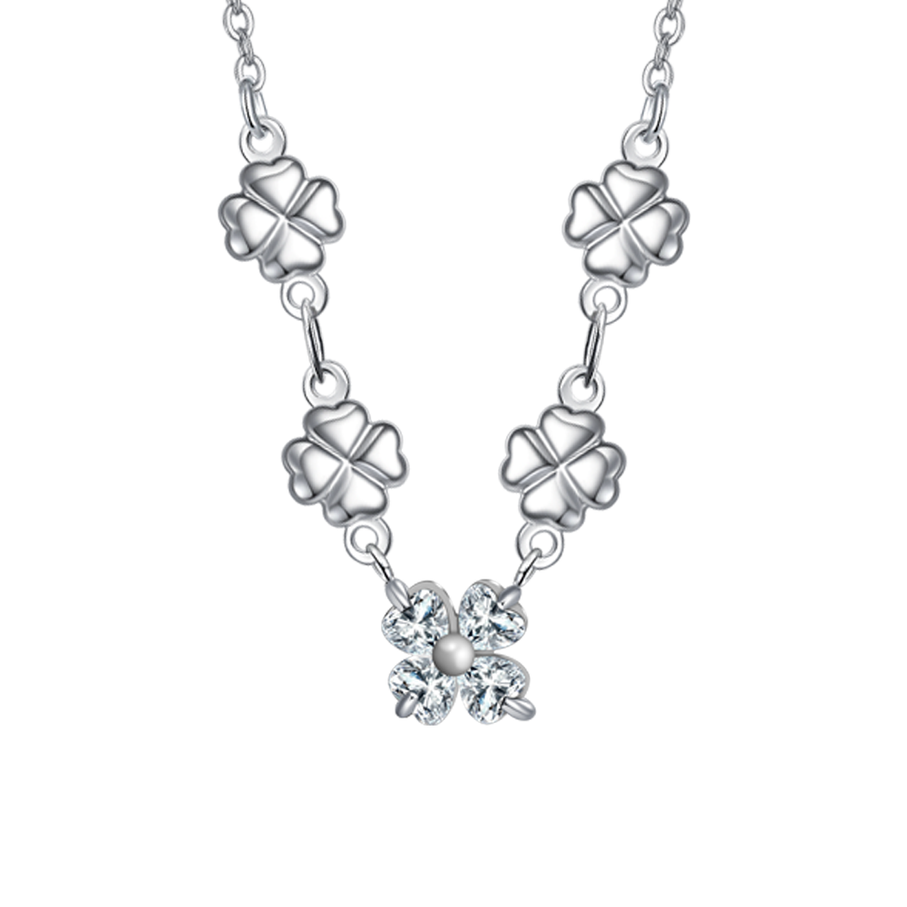 COLLANA IN ACCIAO CON QUADRIFOGLI E ZIRCONI BIANCHI