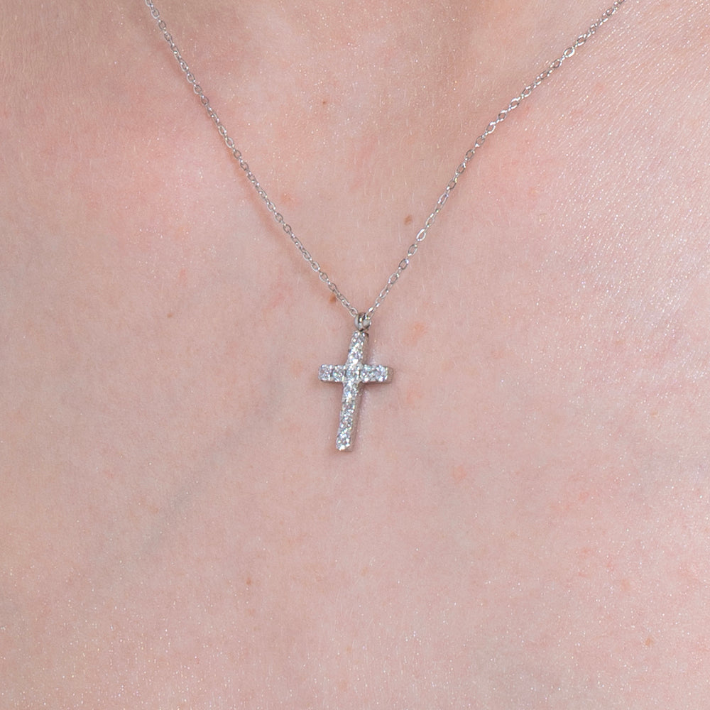 COLLANA DONNA IN ACCIAIO CON CROCE E ZIRCONI BIANCHI
