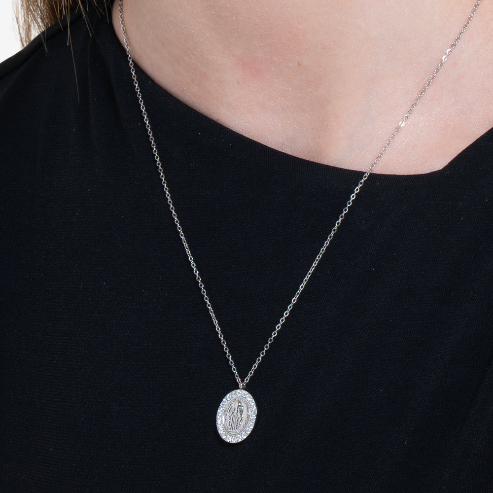 COLLANA DONNA IN ACCIAIO, MEDAGLIETTA CON MADONNINA E ZIRCONI BIANCHI