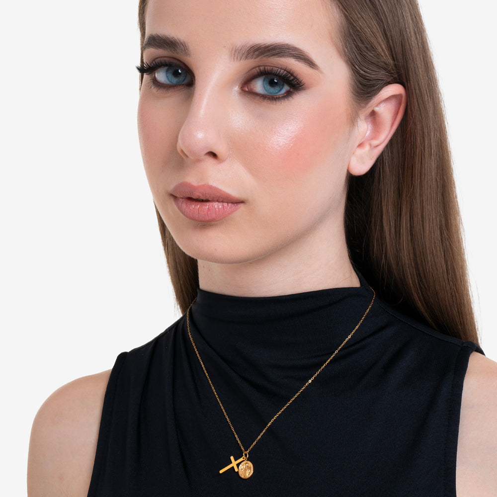 COLLANA DONNA IN ACCIAIO IP GOLD, MEDAGLIETTA CON MADONNINA MIRACOLOSA E CROCE