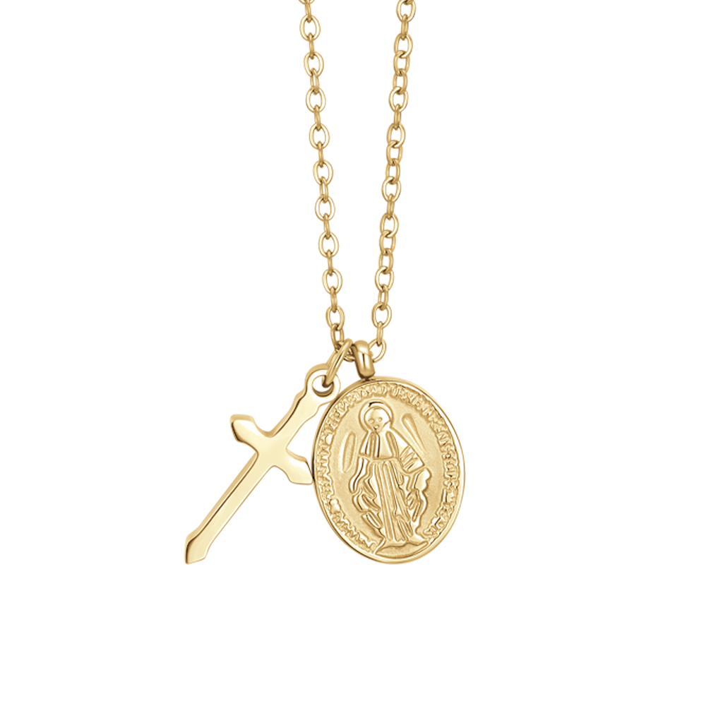 COLLANA DONNA IN ACCIAIO IP GOLD, MEDAGLIETTA CON MADONNINA MIRACOLOSA E CROCE