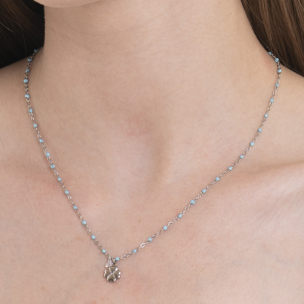 COLLANA DONNA IN ACCIAIO CON QUADRIFOGLIO,CRISTALLO E PIETRE CON SMALTO TURCHESE