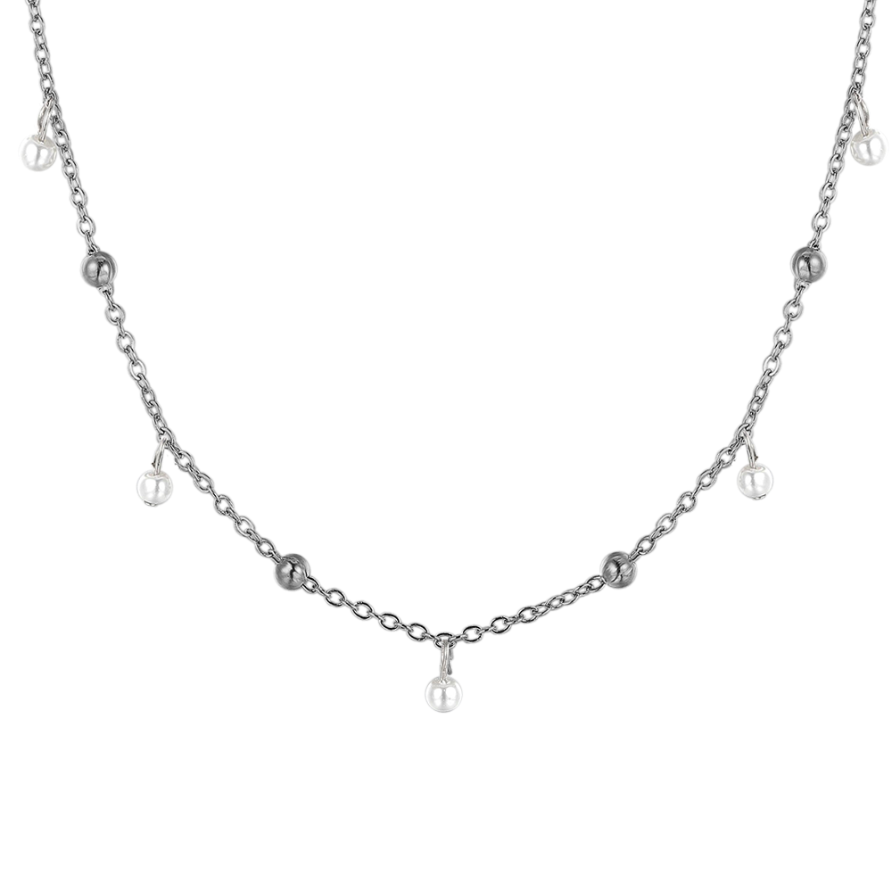 WOMEN'S STEEL NECKLACE WITH WHITE PEARLS