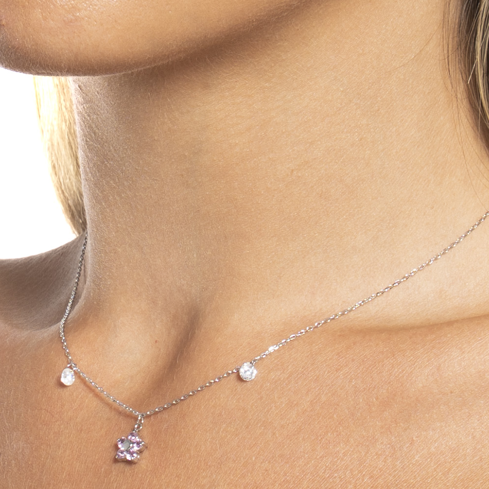 COLLANA DONNA IN ACCIAIO CON PENDENTE FIORE CON E PETALI ZICONE MAGENTA