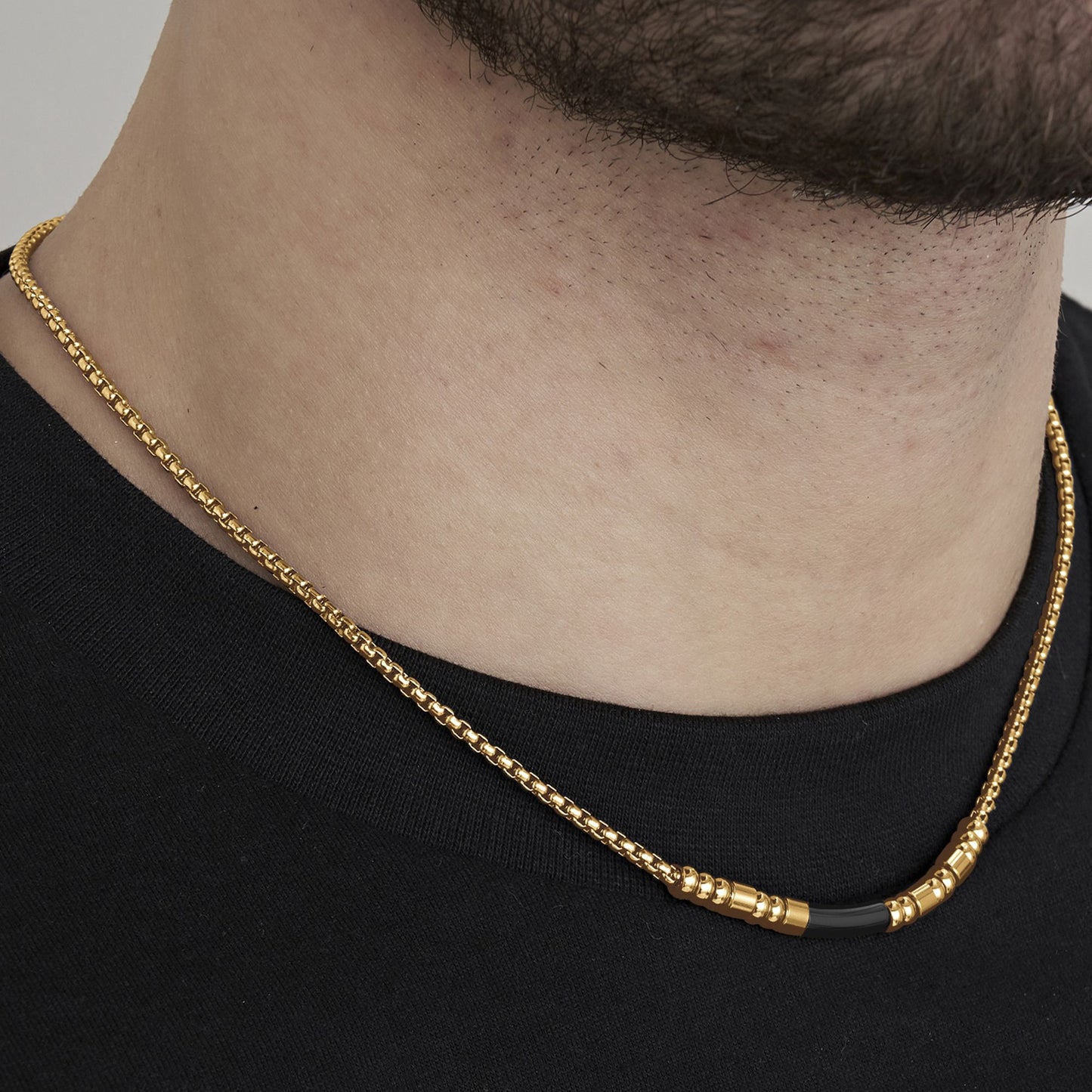 MEN'S STEEL IP GOLD NECKLACE WITH BLACK IP ELEMENT