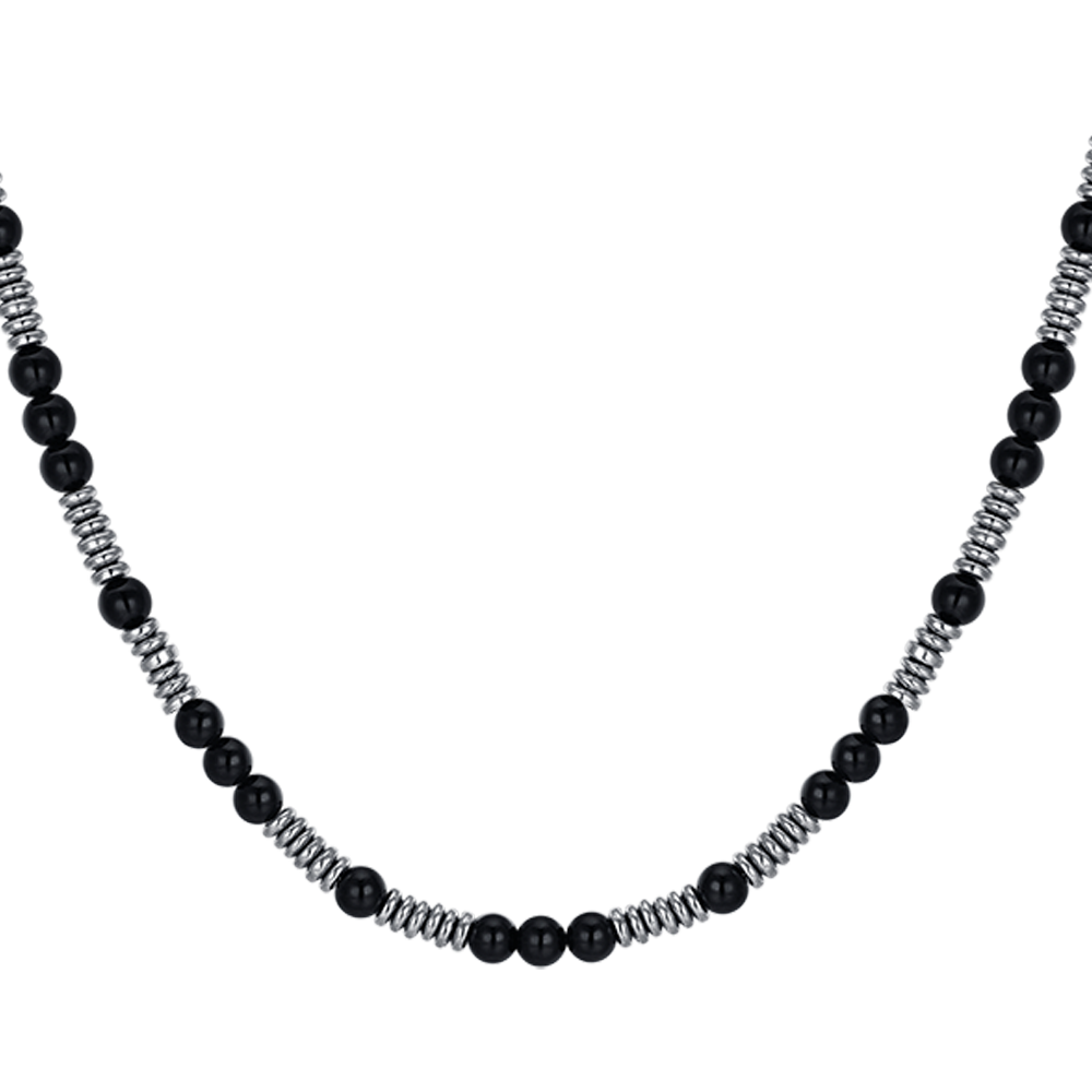 STEEL MEN'S NECKLACE WITH BLACK STONES AND STEEL ELEMENTS
