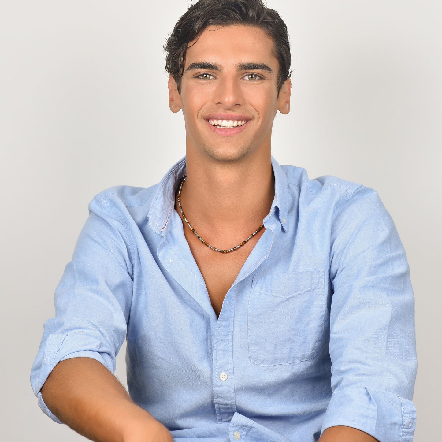 STEEL MEN'S NECKLACE WITH TIGER EYE STONES AND STEEL ELEMENTS