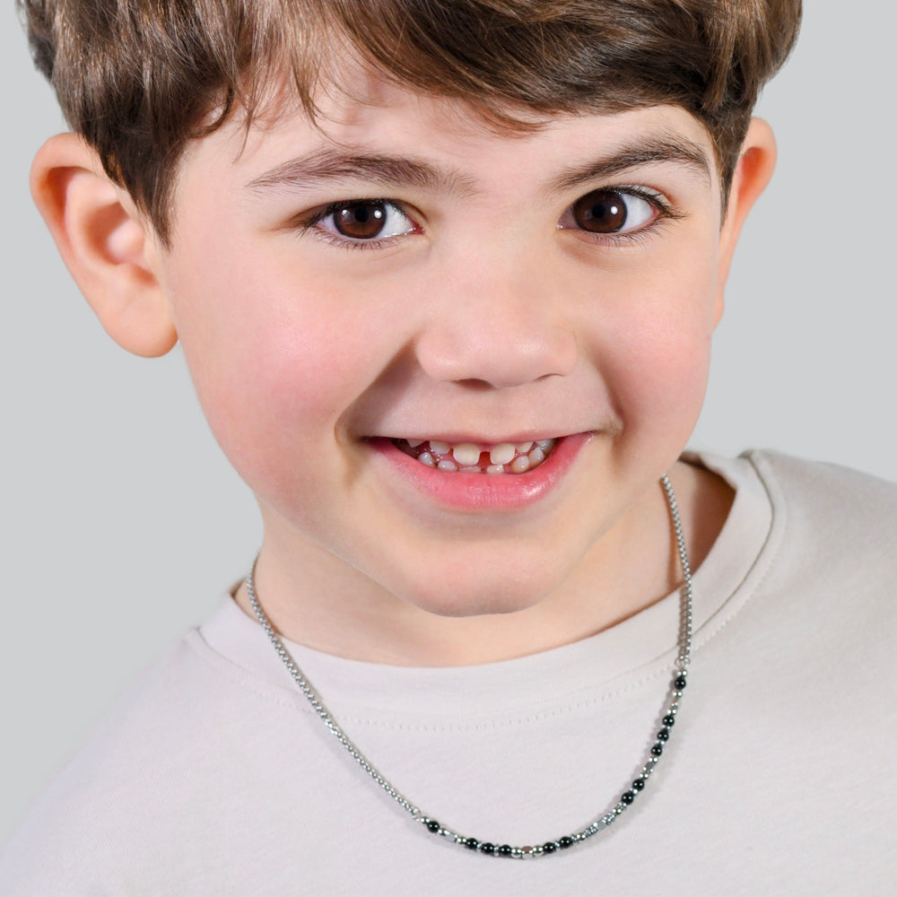 STEEL BABY NECKLACE WITH BLACK AND GRAY STONES