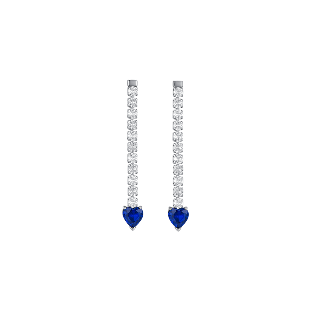 WOMEN'S STEEL TENNIS EARRINGS WITH WHITE CRYSTALS AND BLUE CRYSTAL HEARTS