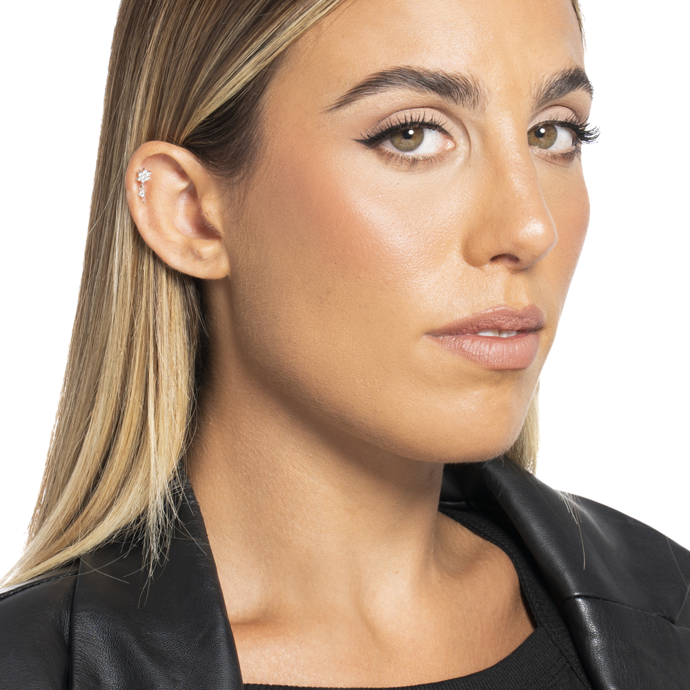 PIERCING ORECCHIO DONNA IN ACCIAIO FORMA FIORE CON PETALI ZIRCONI BIANCHI