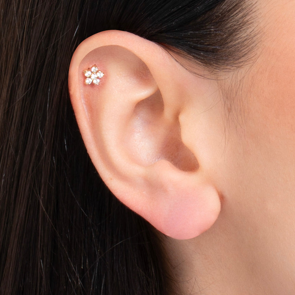 PIERCING ORECCHIO DONNA IN ACCIAIO COLORE ORO FORMA FIORE PETALI ZIRCONI BIANCHI