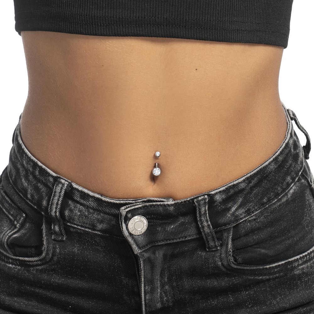 PIERCING OMBELICO DONNA IN ACCIAIO CON SFERICA ZIRCONI BIANCHI