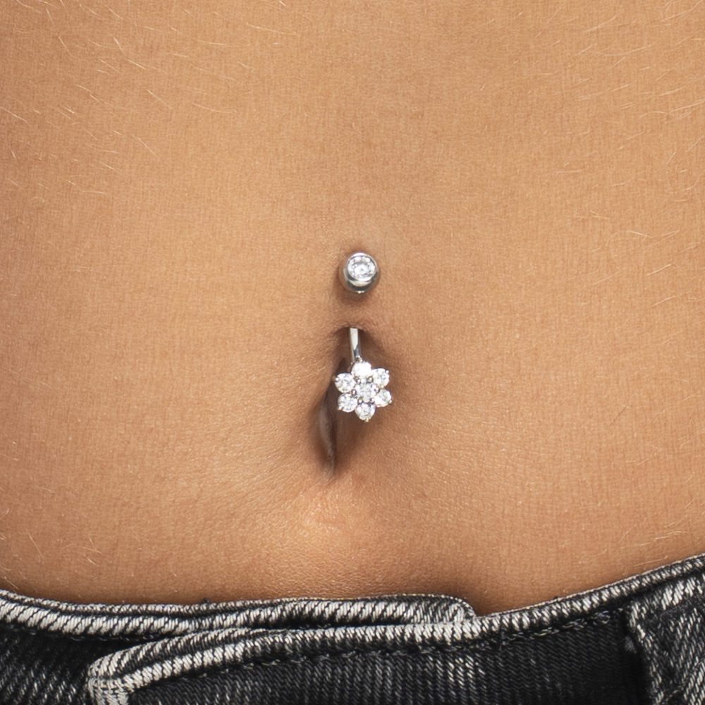 PIERCING OMBELICO DONNA IN ACCIAIO CON ZIRCONI BIANCHI TAGLIO STELLA