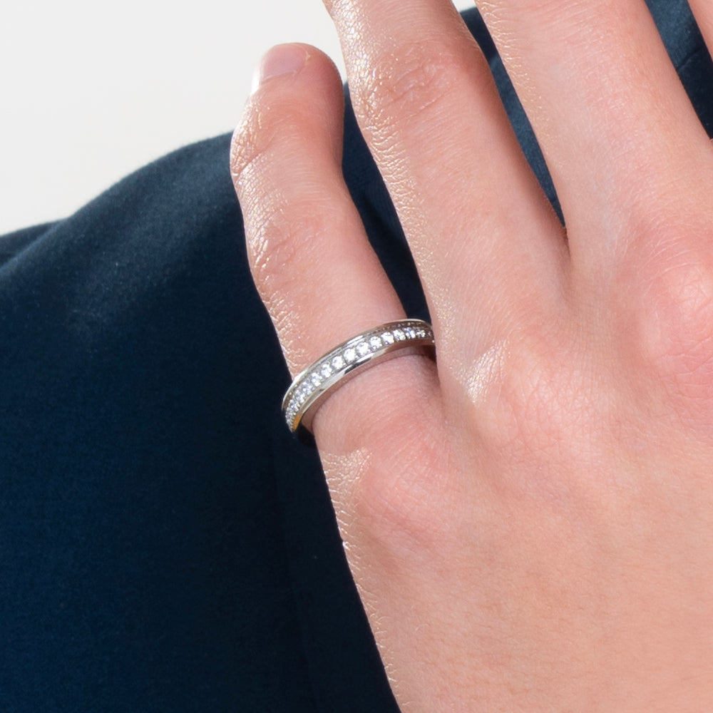 WOMEN'S AND MEN'S STEEL WEDDING BAND WITH WHITE CRYSTALS