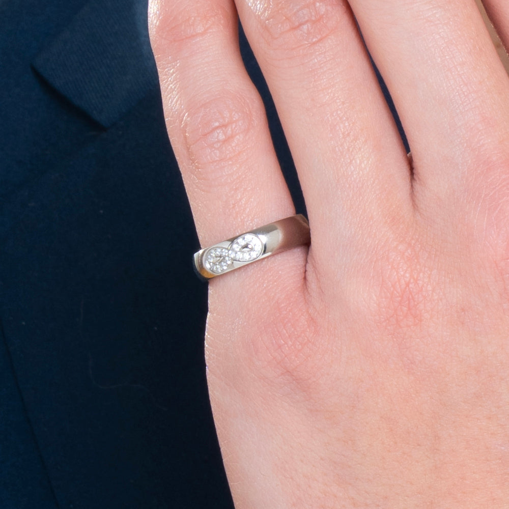 WOMEN'S AND MEN'S STEEL WEDDING BAND WITH WHITE CRYSTAL INFINITY