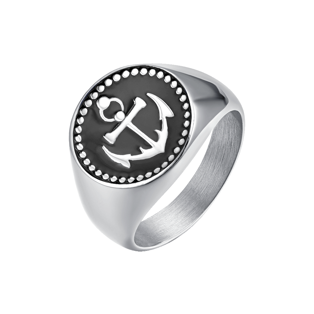 STEEL MEN'S RING WITH ANCHOR AND BLACK ENAMEL