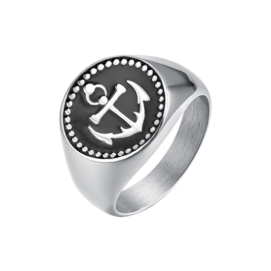 STEEL MEN'S RING WITH ANCHOR AND BLACK ENAMEL