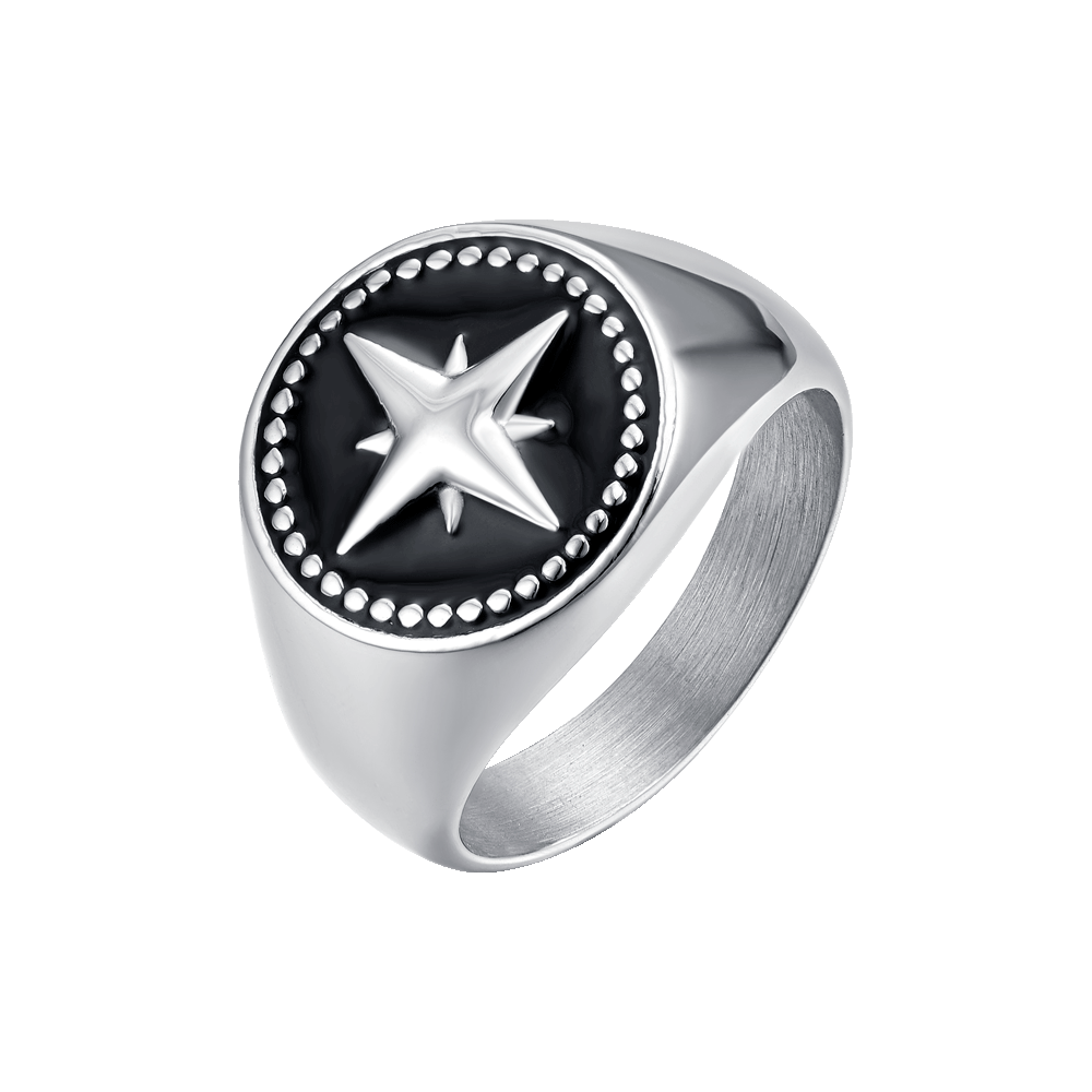 STEEL MEN'S RING WITH COMPASS ROSE AND BLACK ENAMEL