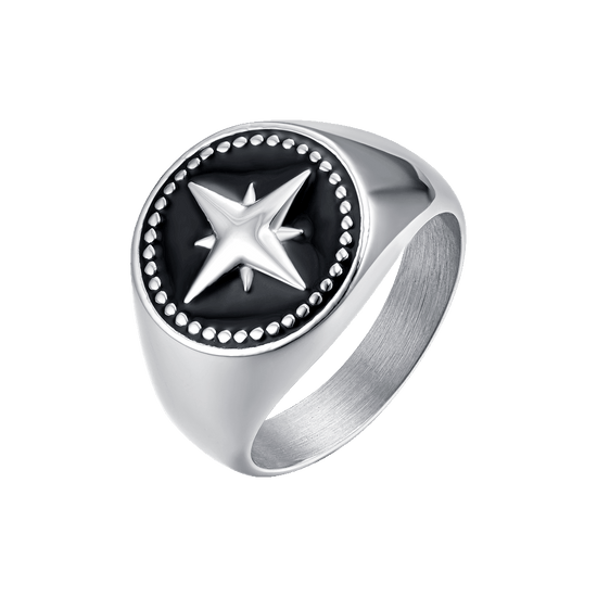 STEEL MEN'S RING WITH COMPASS ROSE AND BLACK ENAMEL