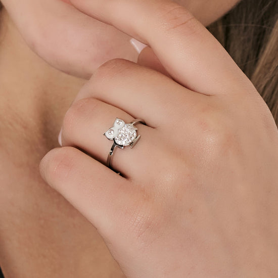 Upload image to Gallery WOMAN'S RING IN STEEL WITH OWL AND WHITE CRYSTALS MEASURE: S

