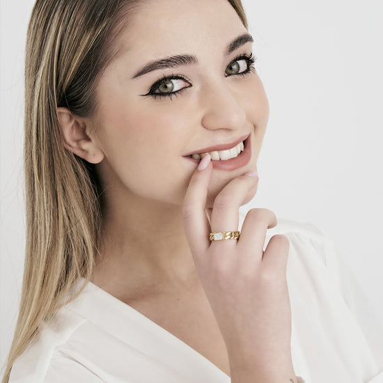 WOMEN'S IP GOLD STEEL RING WITH WHITE CRYSTALS