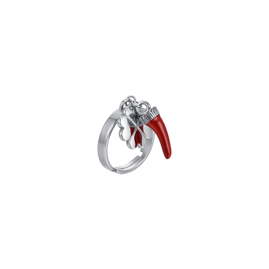 WOMAN'S RING IN STEEL WITH CROWN WITH RED ENAMEL AND QUADRIFOGLIO Luca Barra