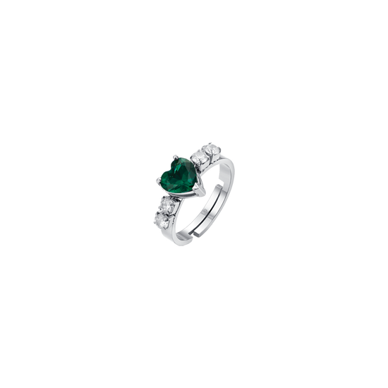 WOMEN'S STEEL RING WITH WHITE CRYSTALS AND GREEN CRYSTAL HEART