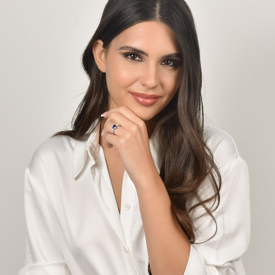 WOMEN'S STEEL RING WITH WHITE CRYSTALS AND BLUE CRYSTAL HEART