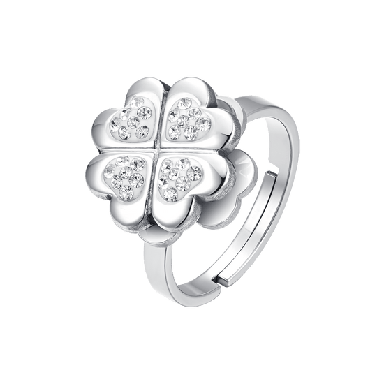 ANELLO DONNA IN ACCIAIO CON QUADRIFOGLIO GIREVOLE CON CRISTALLI BIANCHI