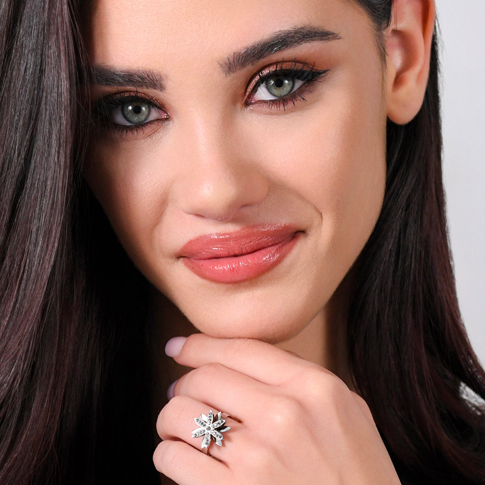 ANELLO DONNA IN ACCIAIO CON FIORE DELLA VITA GIREVOLE CON CRISTALLI BIANCHI