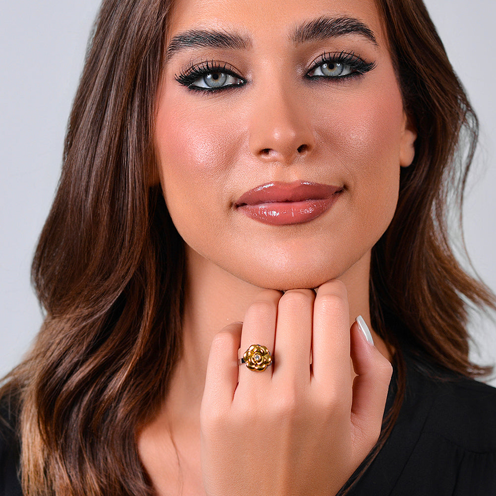 ANELLO DONNA IN ACCIAIO IP GOLD CON ROSA GIREVOLE E CRISTALLO BIANCO