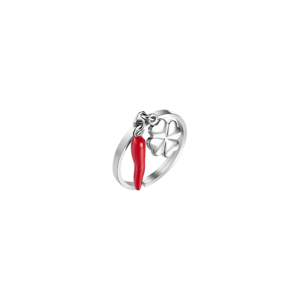ANELLO DONNA CON CORNO ROSSO E QUADRIFOGLIO