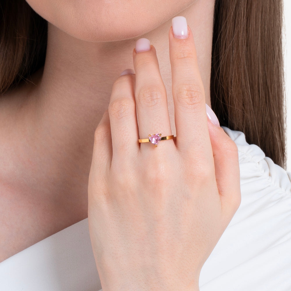 ANELLO DONNA IN ACCIAIO IP GOLD CON CUORE CRISTALLO ROSA