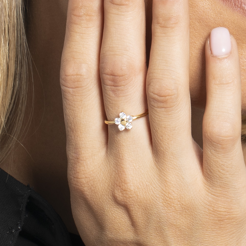 ANELLO DONNA IN ACCIAIO COLORE ORO CON FIORE E ZIRCONI BIANCHI