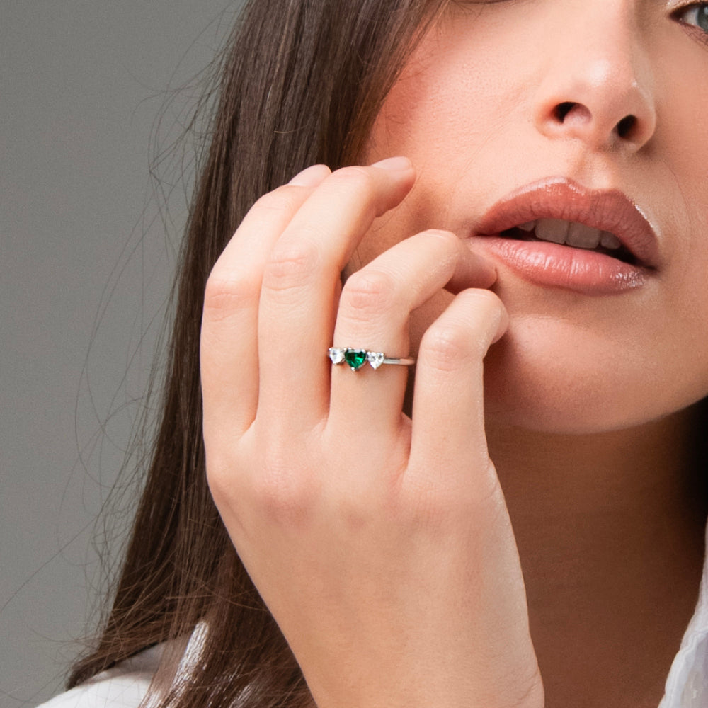 ANELLO DONNA IN ACCIAIO CON CUORI CON ZIRCONI BIANCHI E VERDI