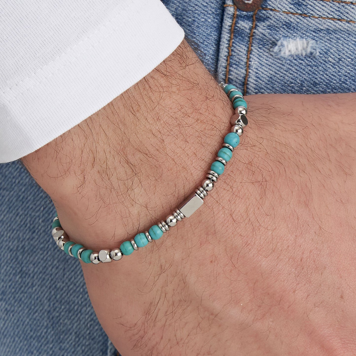 MEN'S STEEL BRACELET WITH TURQUOISE STONES AND STEEL