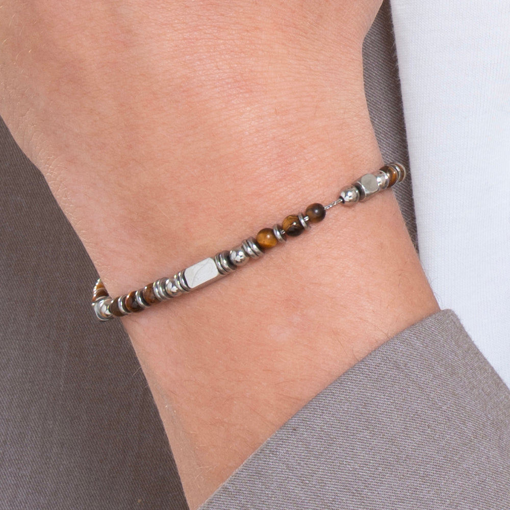 STEEL MEN'S BRACELET WITH BROWN TIGER EYE STONES